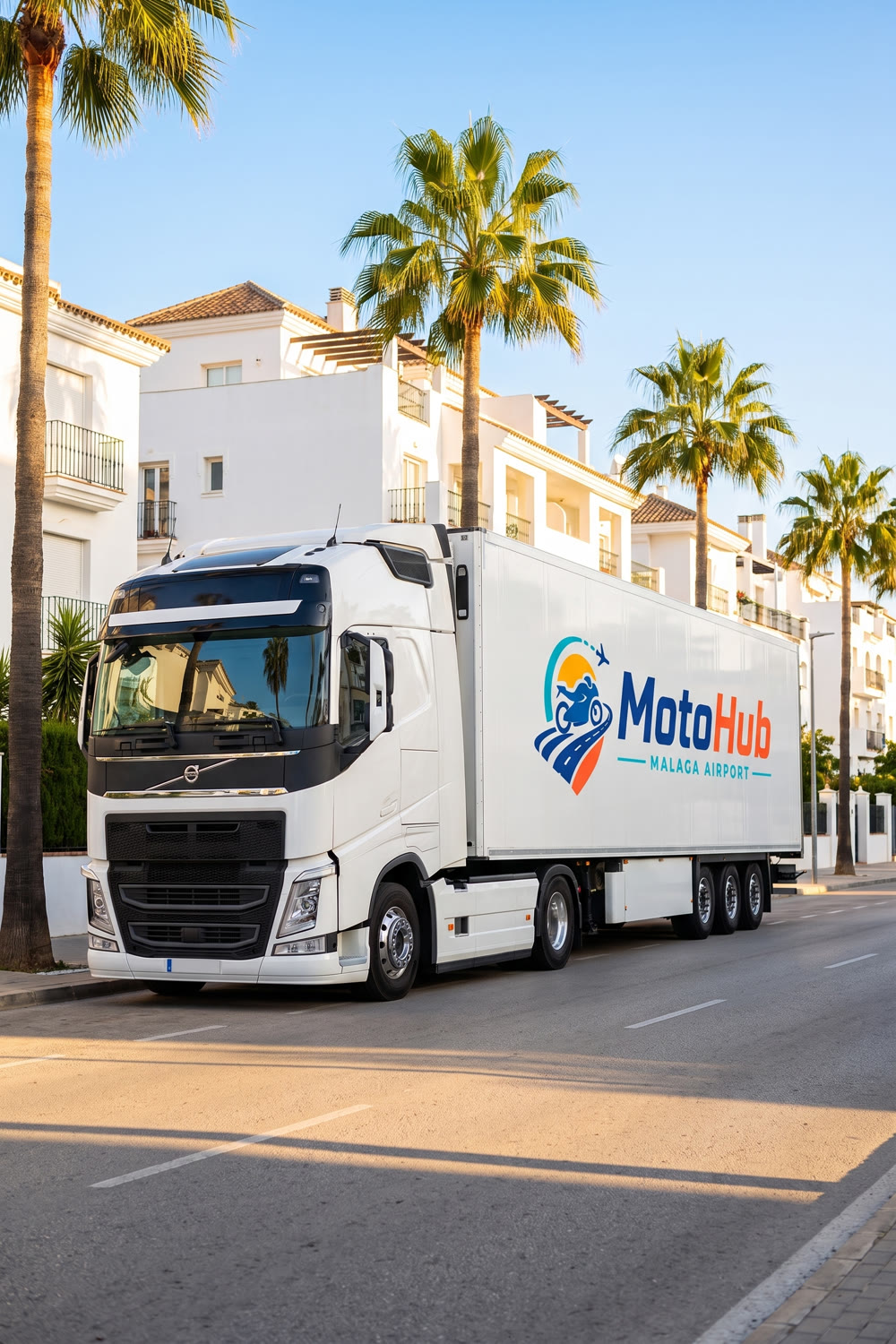 Nowoczesny zestaw ciężarowy z logo MotoHub Malaga Airport na naczepie, zaparkowany na słonecznej hiszpańskiej ulicy